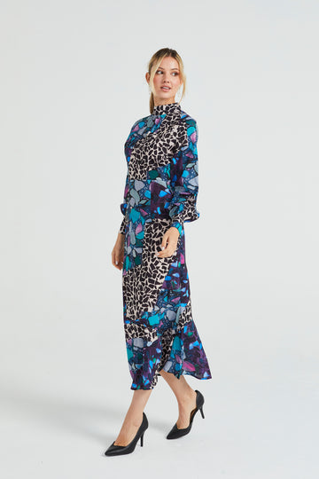 Multi Print Long Chiffon High Neck Tea Dress Angeleye